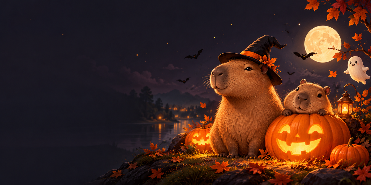 Capybaras beside glowing pumpkins under a Halloween moon