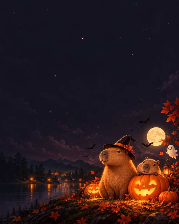 Capybaras and glowing pumpkins beneath a dark Halloween sky